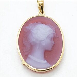 Antique 18K Gold Shell Cameo Pendant Classical Woman Profile Pink White Carved